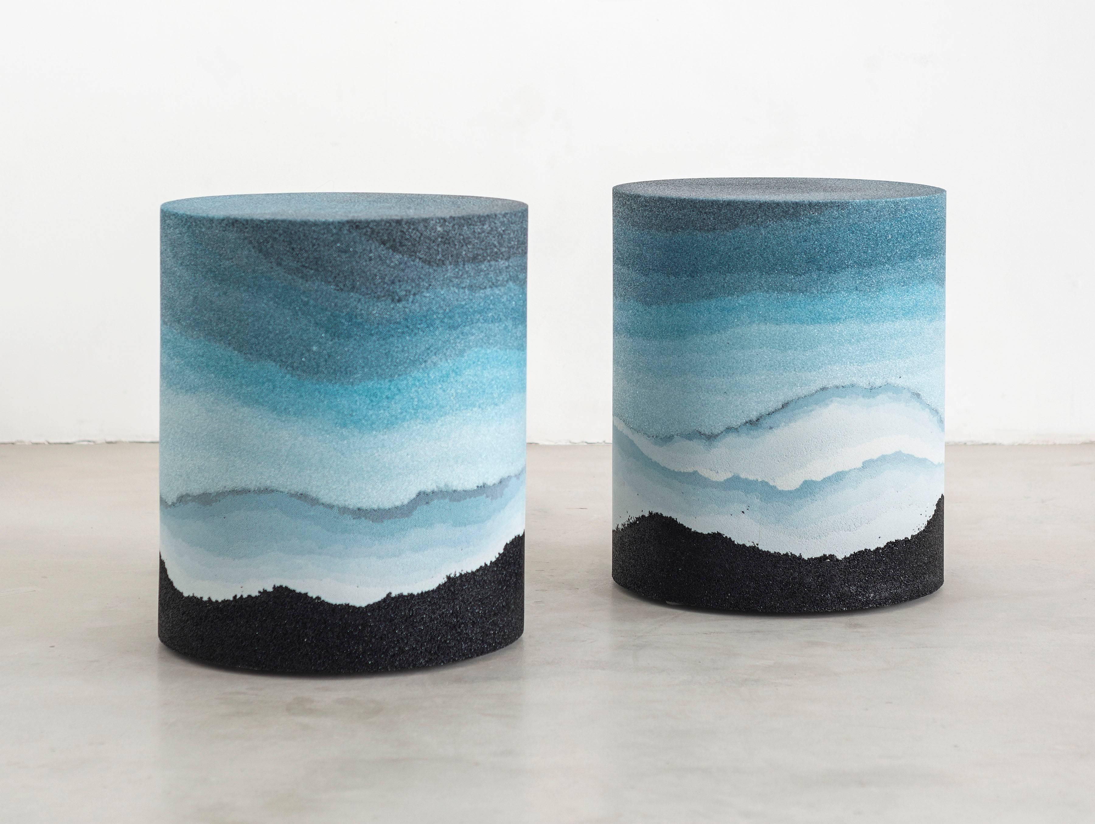 A layering of glass and silica, the made-to-order drum consists of gradients of tones and textures suggesting layers of earth, mountain ranges, otherworldly skies and bodies of water. The hand-dyed granules are stratified with delicate veins and
