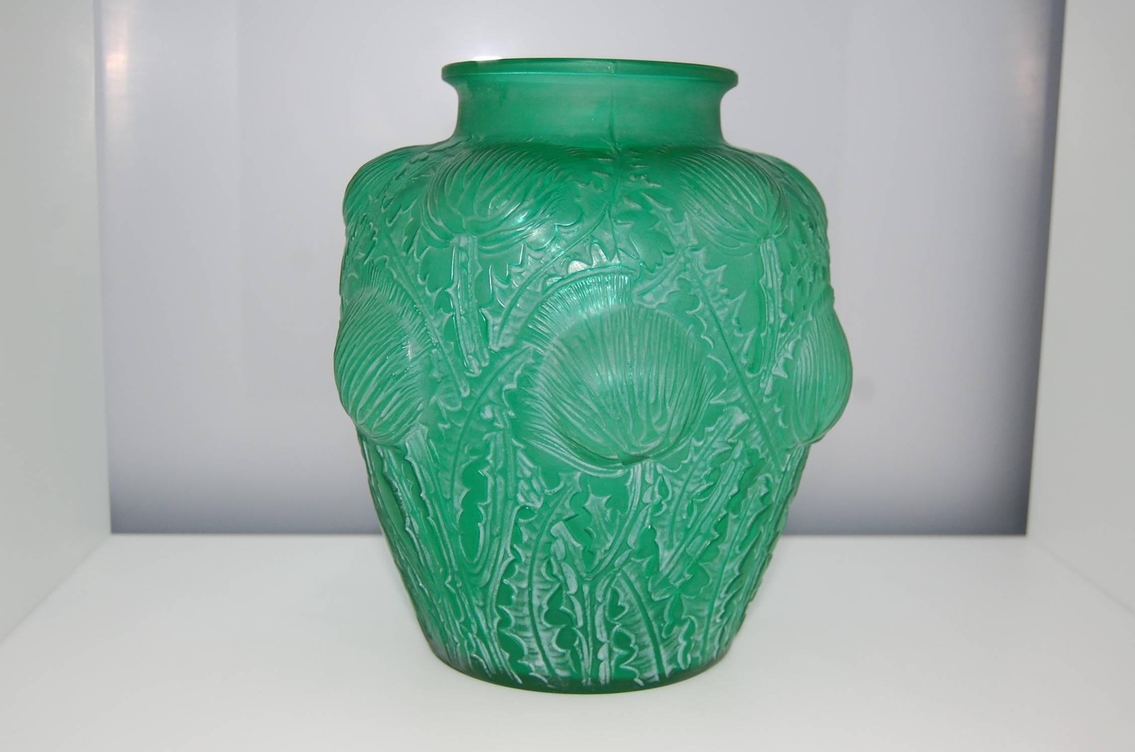 Cast Rare to Find Green ‘Domremy’ Vase by R. Lalique For Sale