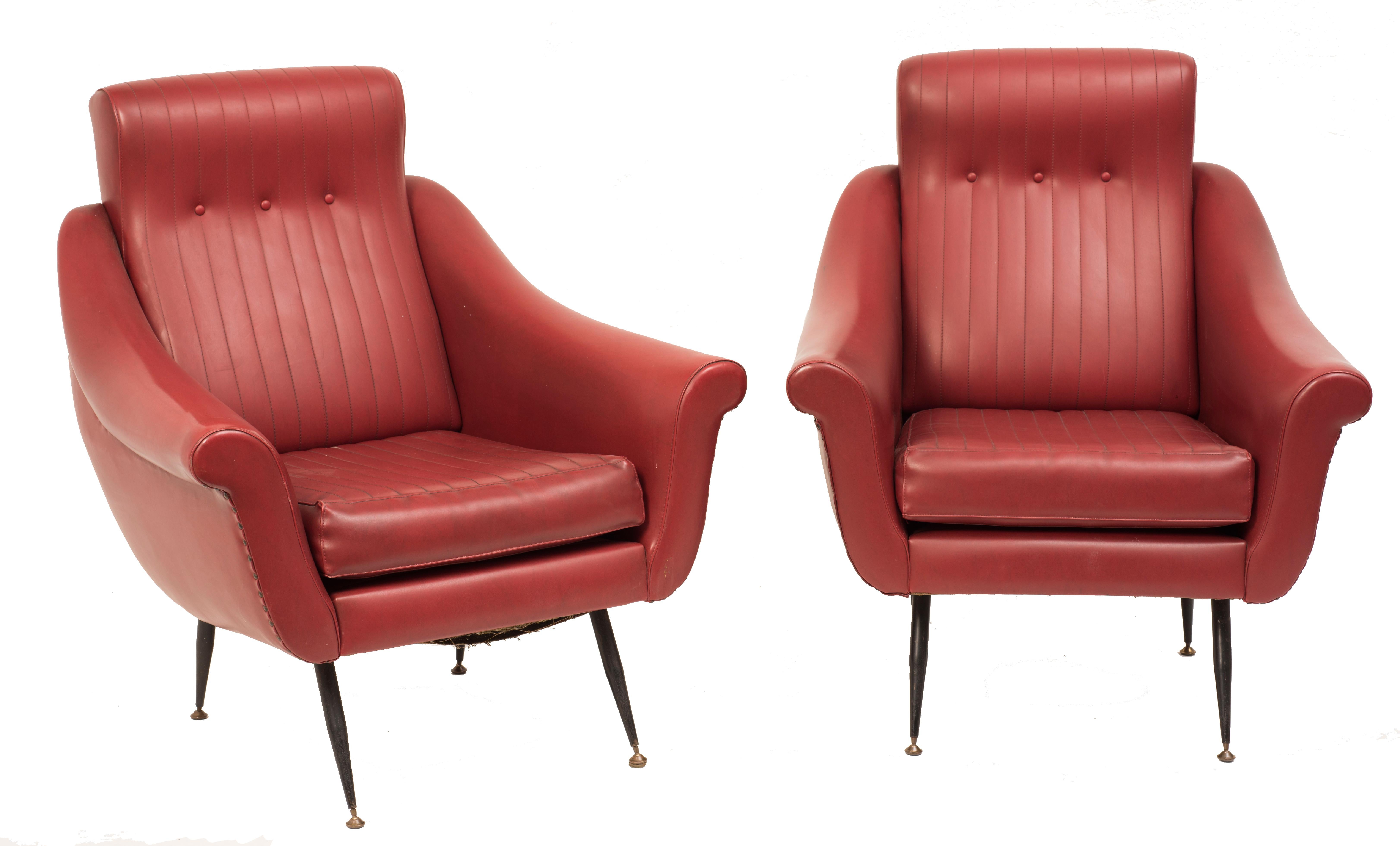 Pair of armchairs with padding upholstered with skai, structure in painted metal and extremities in brass.

Shipped from Italy. Under existing legislation, any item in Italy created over 70 years ago by an artist who has died requires a licence for