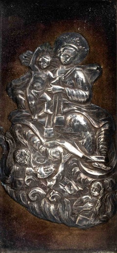 Plaque italienne en argent massif représentant la Vierge à l'Enfant, années 1850