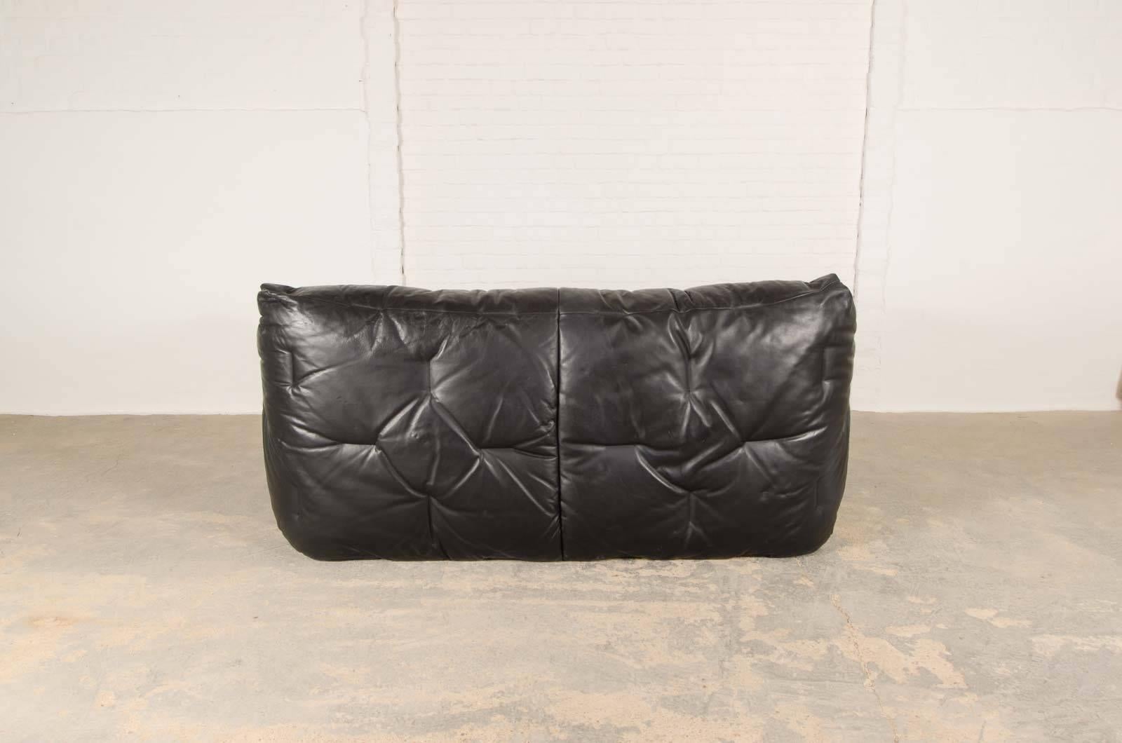 Mid-Century Modern Mid-Century Black Leather Soft Shell Sofa by Hans Hopfer for Roche Bobois