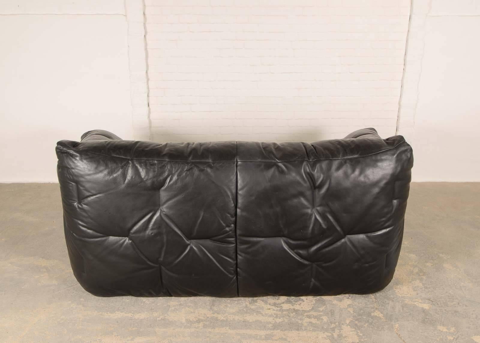 French Mid-Century Black Leather Soft Shell Sofa by Hans Hopfer for Roche Bobois