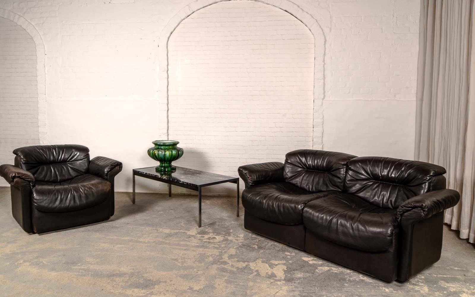 Swiss Exclusive Mid-Century Leather Sofa Set and Lounge Chair Designed for De Sede