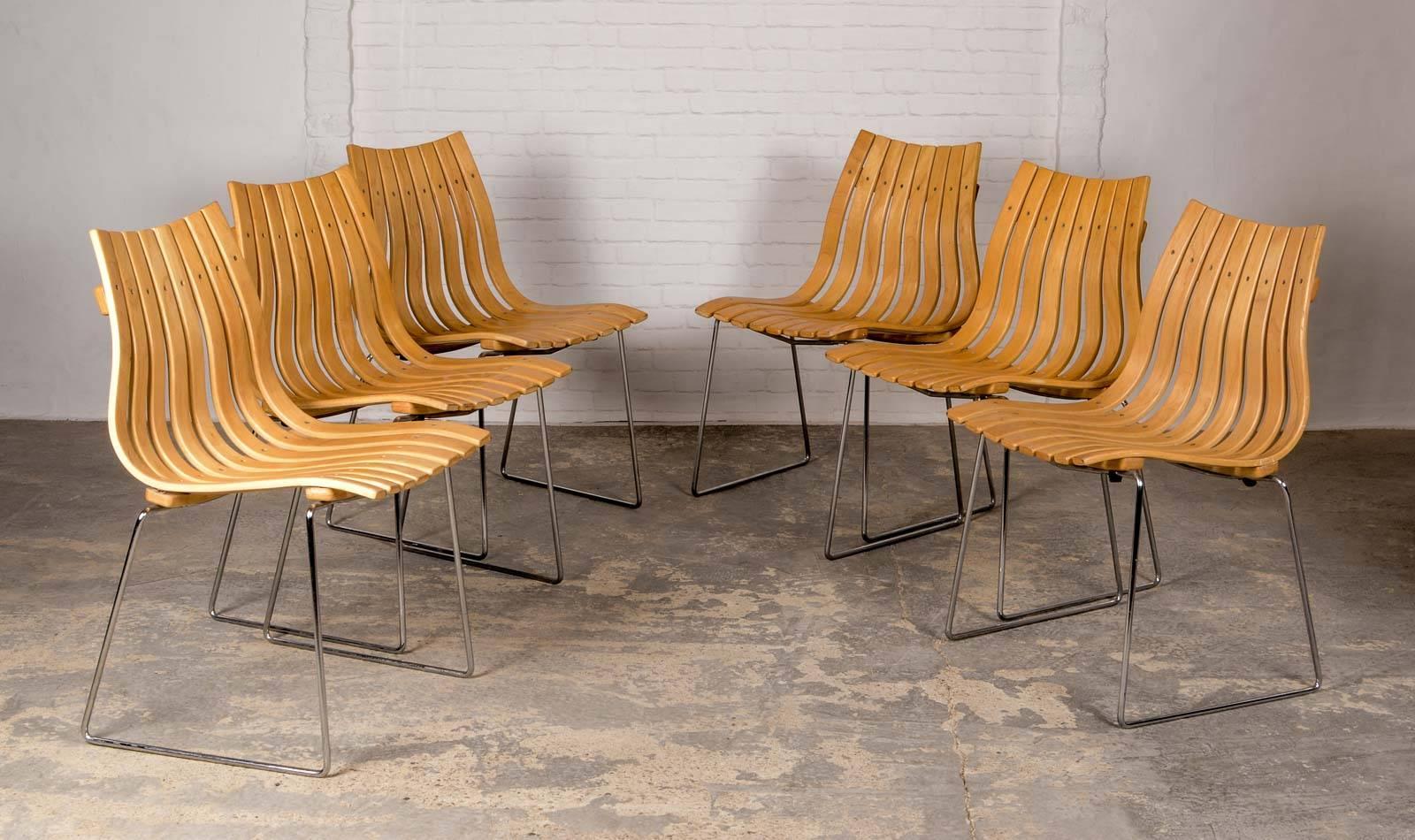 Set of six Scandia Junior dining chairs designed by Hans Brattrud for the Norwegian manufacturer Hove Mobler in 1957. The stackable chair-made of chrome steel and bended beechwood- was revolutionary, which Brattrud designed as a student project in