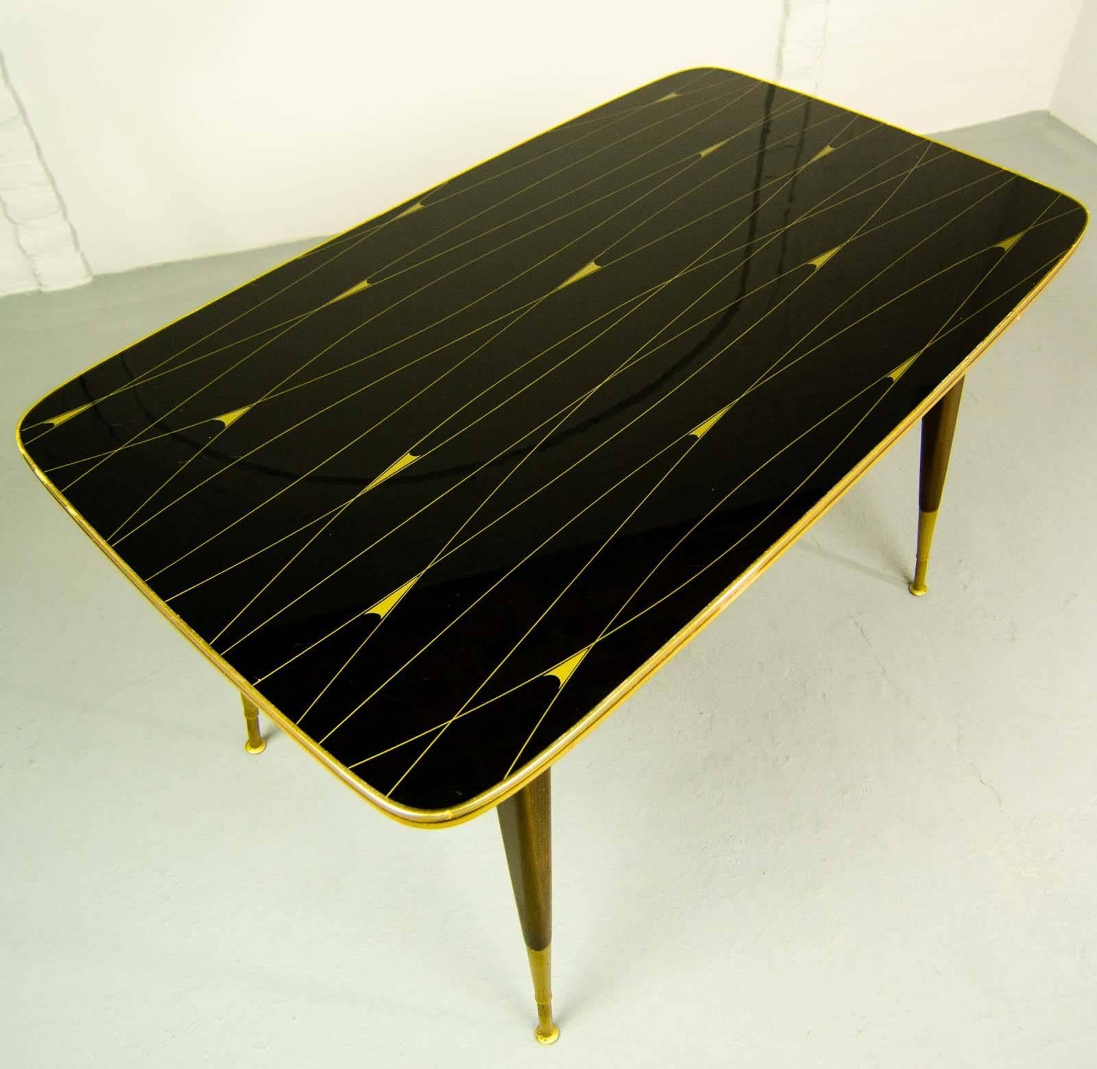 Mid-Century Elegant Brass with Black and Gold Painted Glass Game Table 1