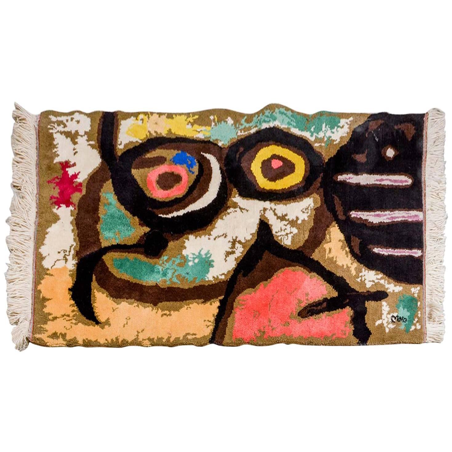 Rare Mid-Century Hand-Knotted Wool Tapestry 'Femme Et Oiseaux' (after) Joan Miró For Sale
