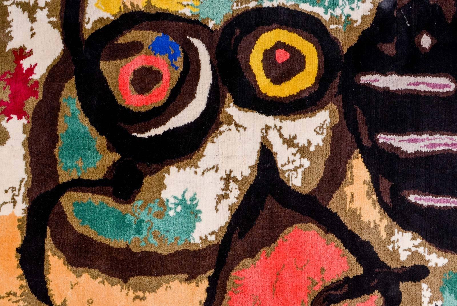 French Rare Mid-Century Hand-Knotted Wool Tapestry 'Femme Et Oiseaux' (after) Joan Miró For Sale