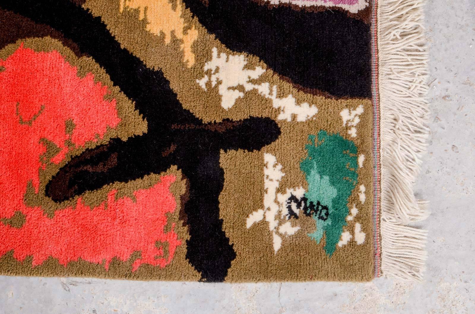 Rare Mid-Century Hand-Knotted Wool Tapestry 'Femme Et Oiseaux' (after) Joan Miró For Sale 1