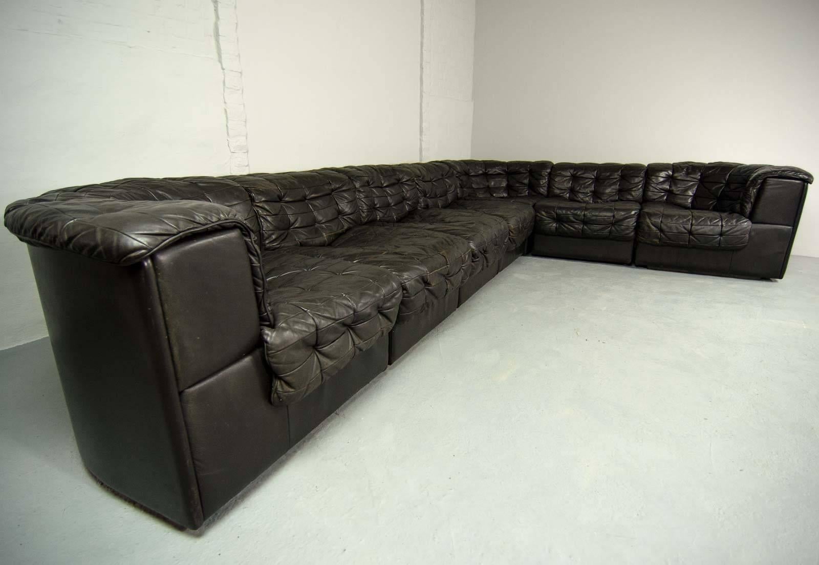 Swiss Mid-Century Patched Black Leather Modular Sofa DS11 by De Sede, 1960s