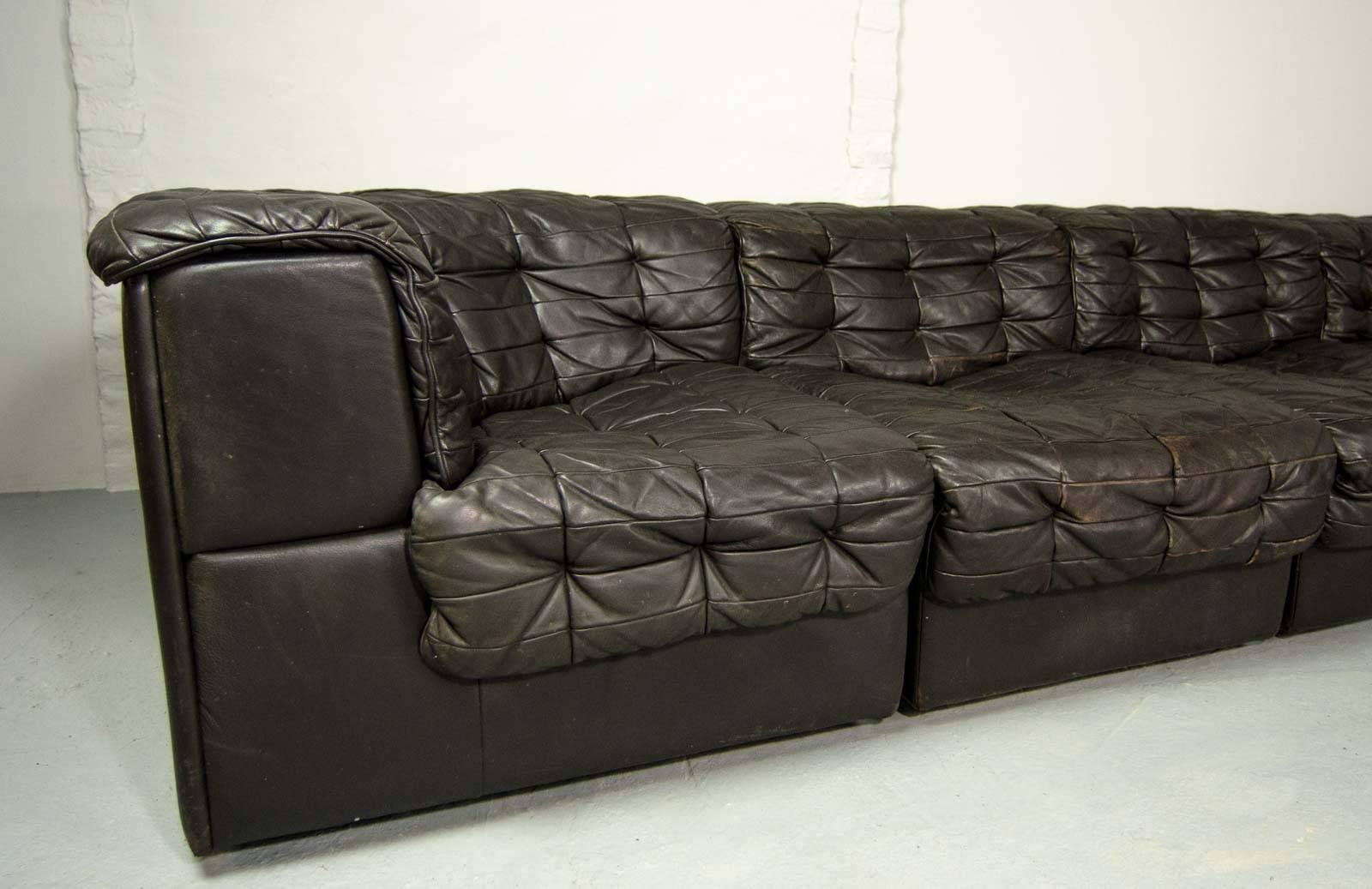 Patchwork Mid-Century Patched Black Leather Modular Sofa DS11 by De Sede, 1960s