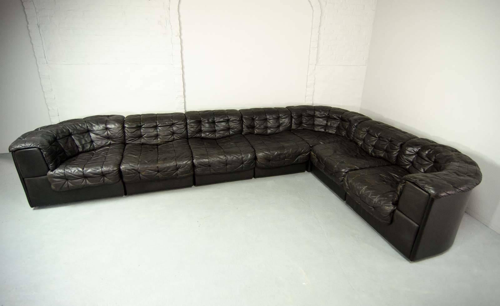 Mid-20th Century Mid-Century Patched Black Leather Modular Sofa DS11 by De Sede, 1960s