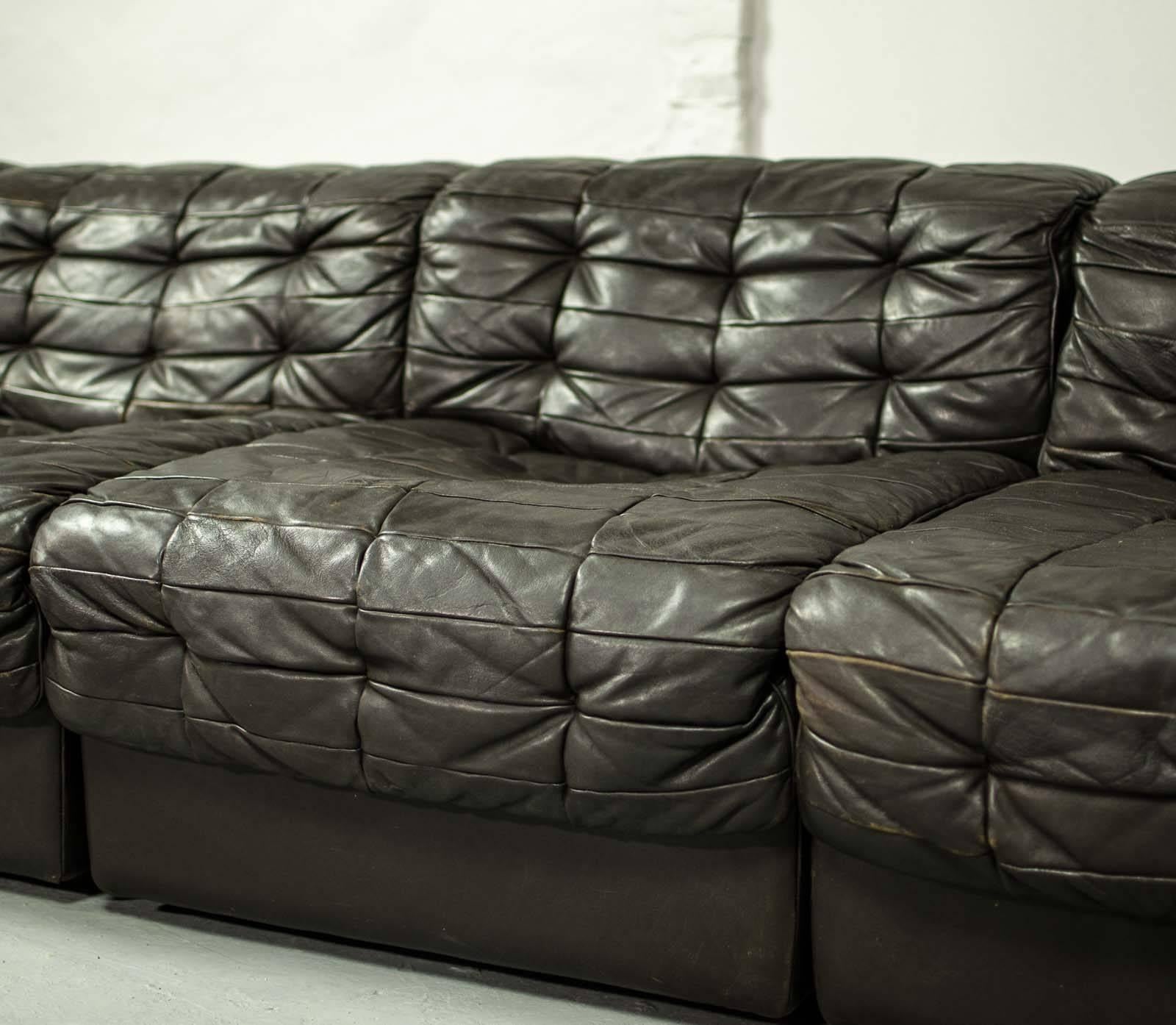 Mid-Century Patched Black Leather Modular Sofa DS11 by De Sede, 1960s 2