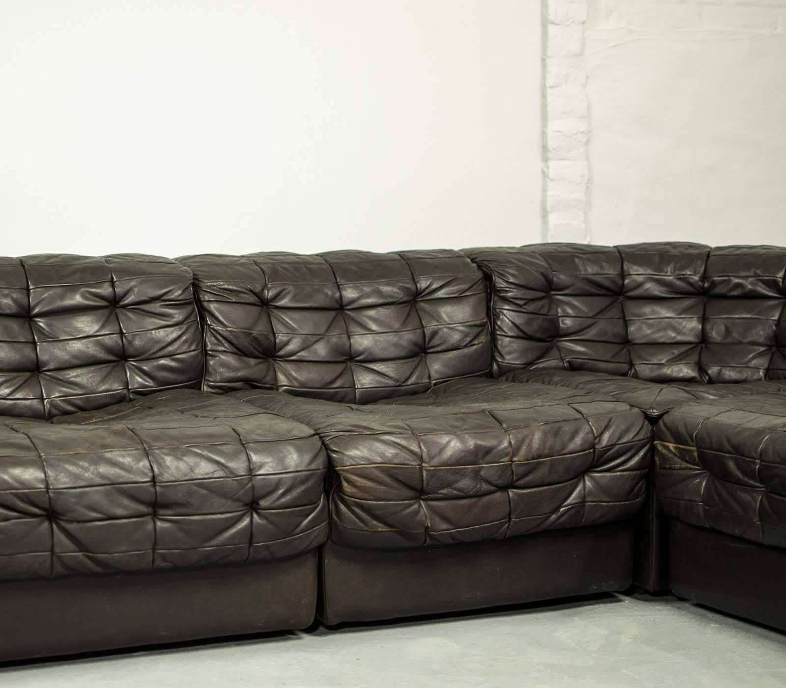 Mid-Century Patched Black Leather Modular Sofa DS11 by De Sede, 1960s 3