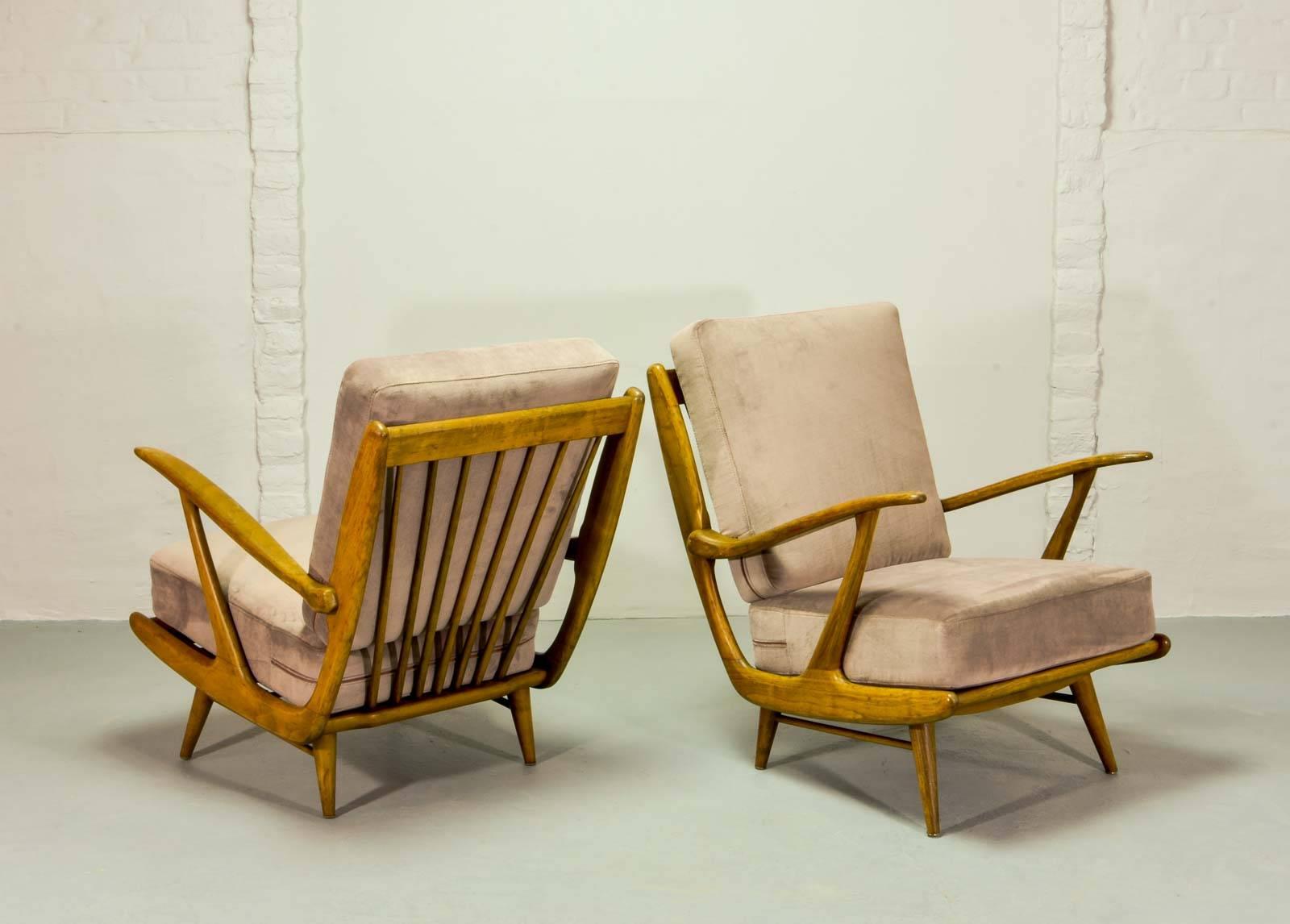 Mid-20th Century Mid-Century Art-Deco Influenced Spindle Back Lounge Chairs, 1950s