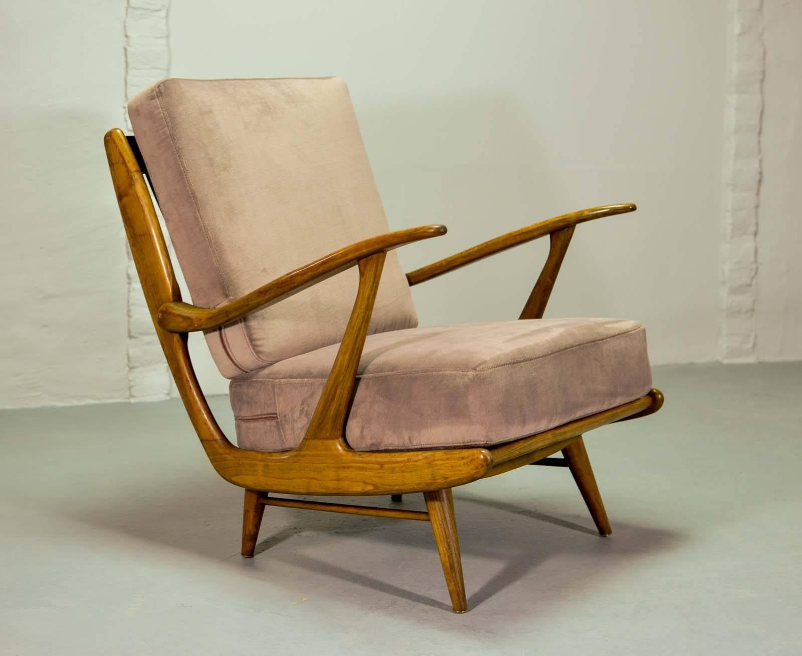 Velvet Mid-Century Art-Deco Influenced Spindle Back Lounge Chairs, 1950s