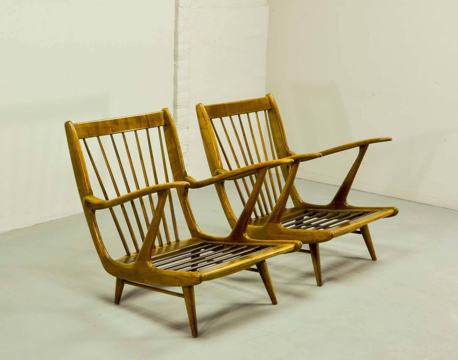 Mid-Century Art-Deco Influenced Spindle Back Lounge Chairs, 1950s 3