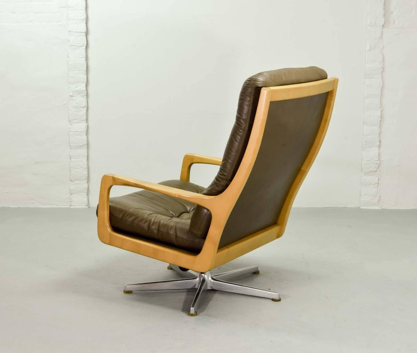 German Luxurious Leather Lounge Chair Designed by Eugen Schmidt, 1970s