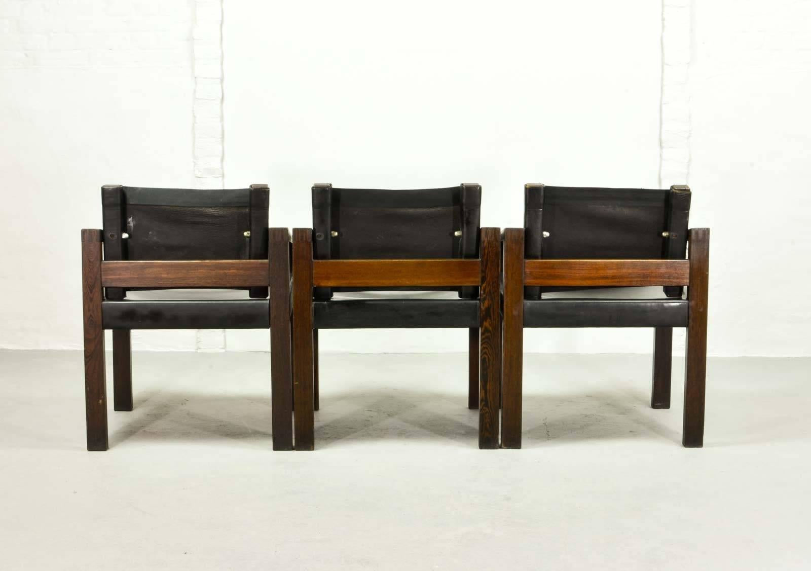Unknown Three Mid-Century Brutalist Wengé Wooden Side Chairs with Sadle Leather 
