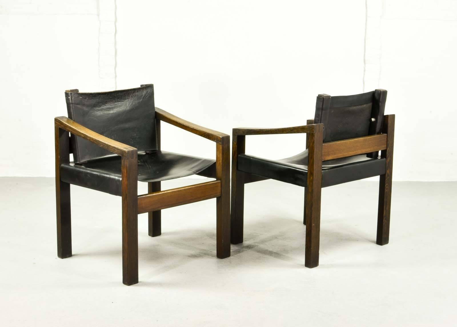 Mid-20th Century Three Mid-Century Brutalist Wengé Wooden Side Chairs with Sadle Leather 