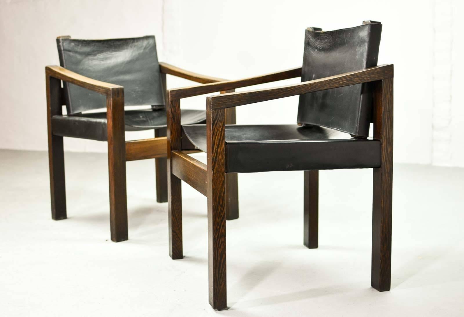 Three Mid-Century Brutalist Wengé Wooden Side Chairs with Sadle Leather  4