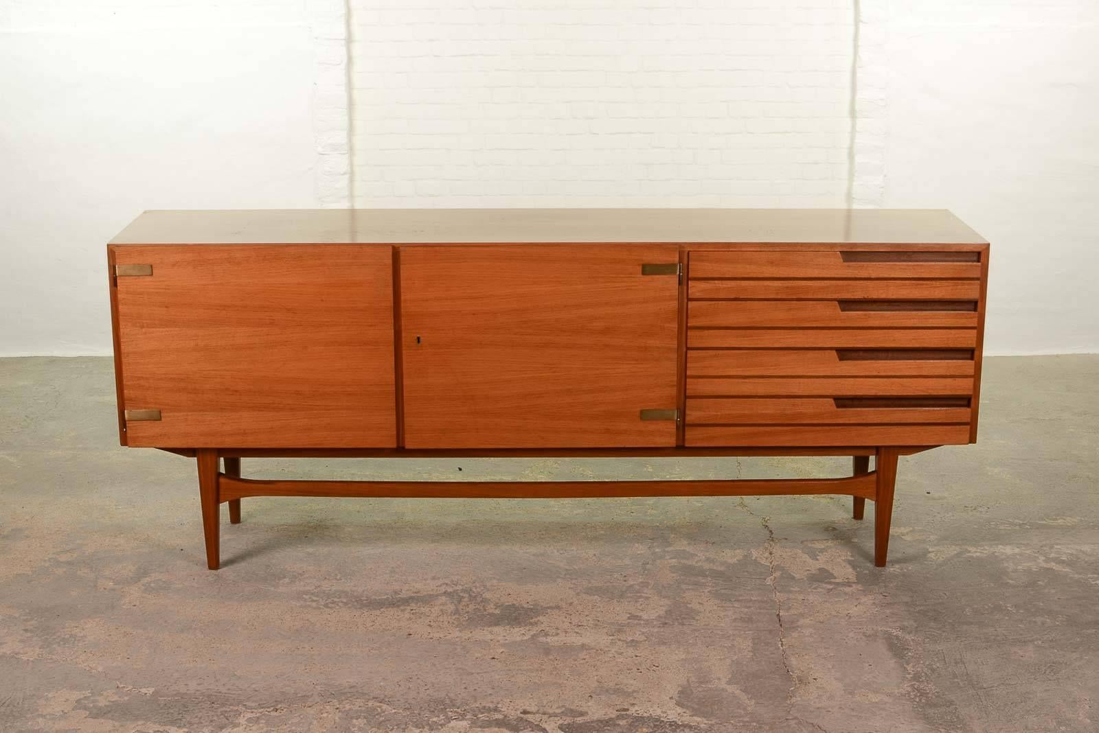 Scandinavian Distinguished Mid-Century Satinwood and Brass Sideboard with Duotone Drawers For Sale