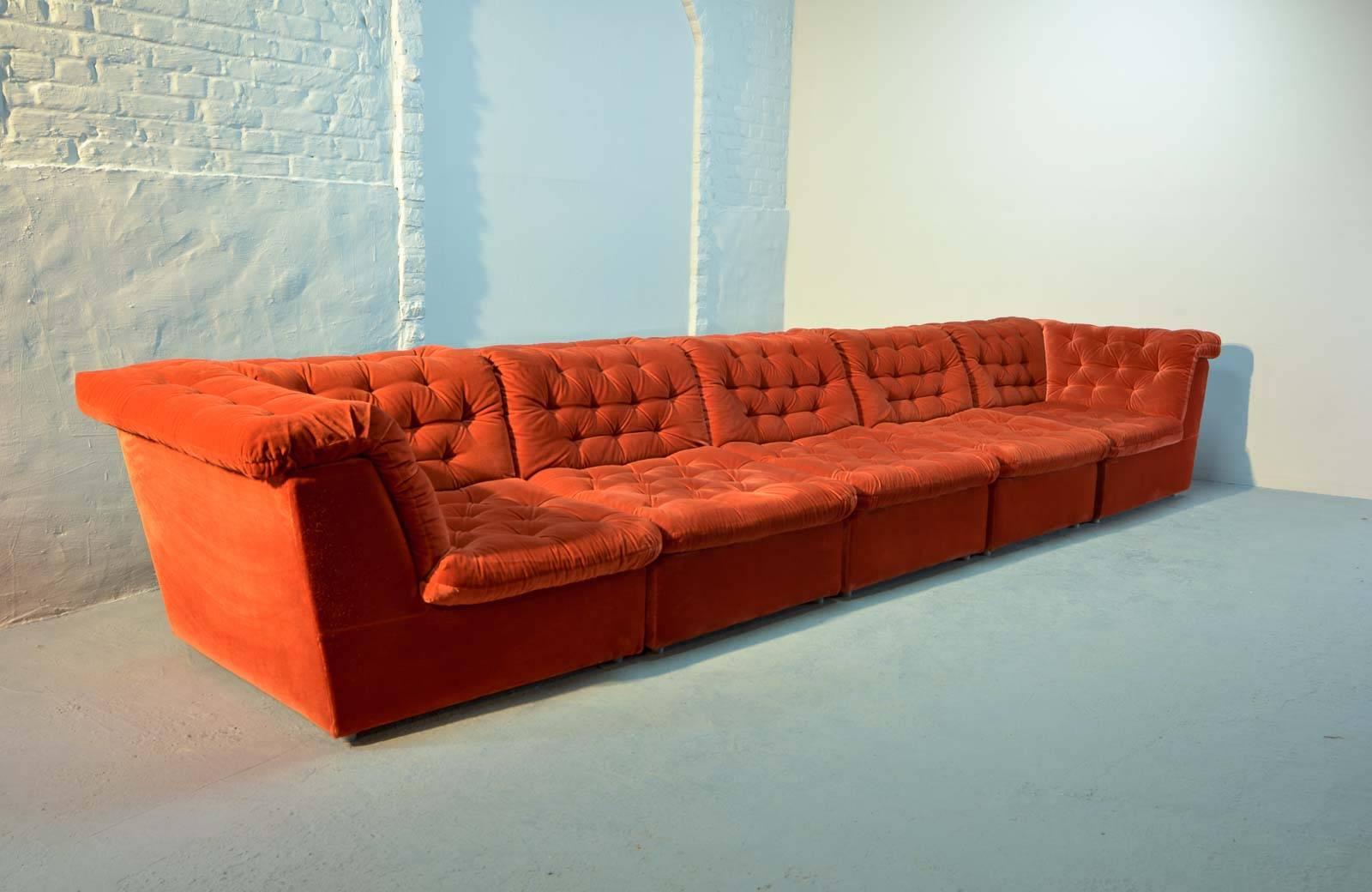 Mid-Century Modern Mid-Century Bright Vermilion Red Velvet 1970s Modular Sofa by Laauser