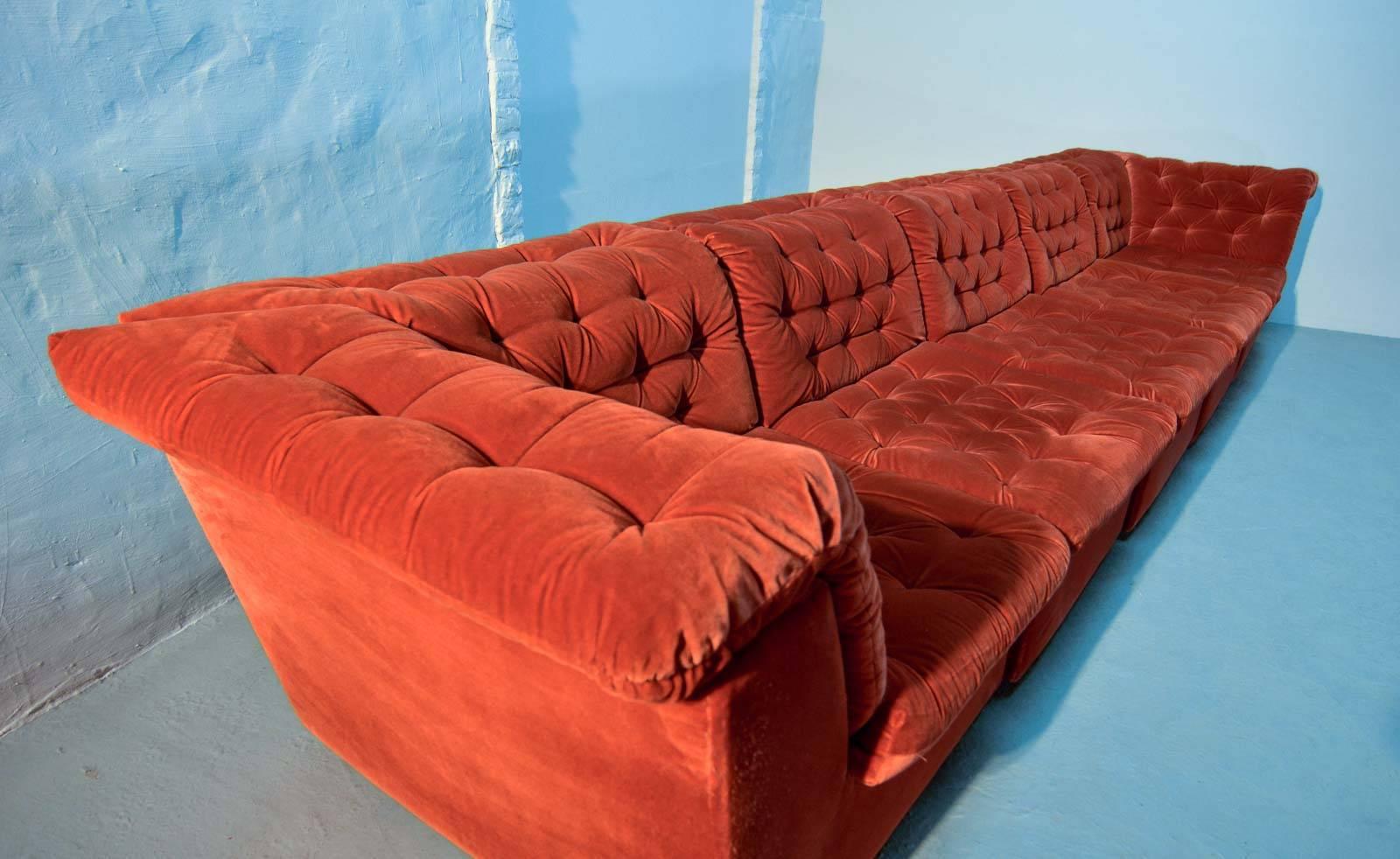 Fabric Mid-Century Bright Vermilion Red Velvet 1970s Modular Sofa by Laauser