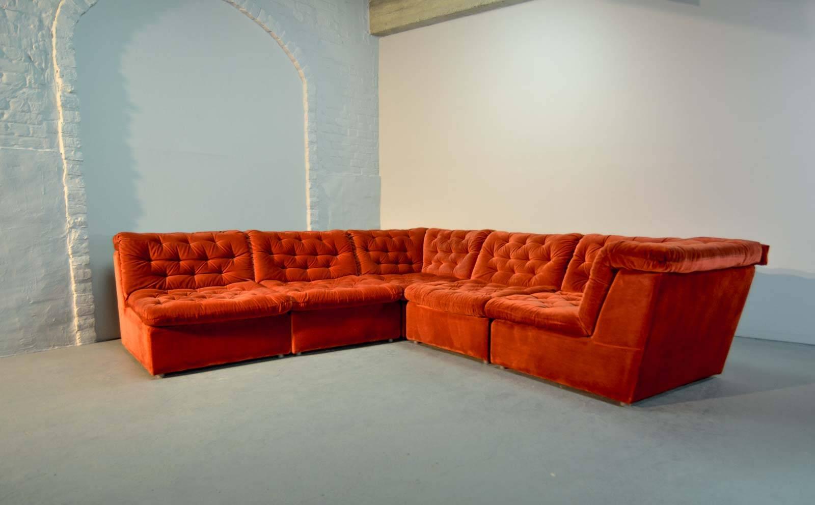 German Mid-Century Bright Vermilion Red Velvet 1970s Modular Sofa by Laauser