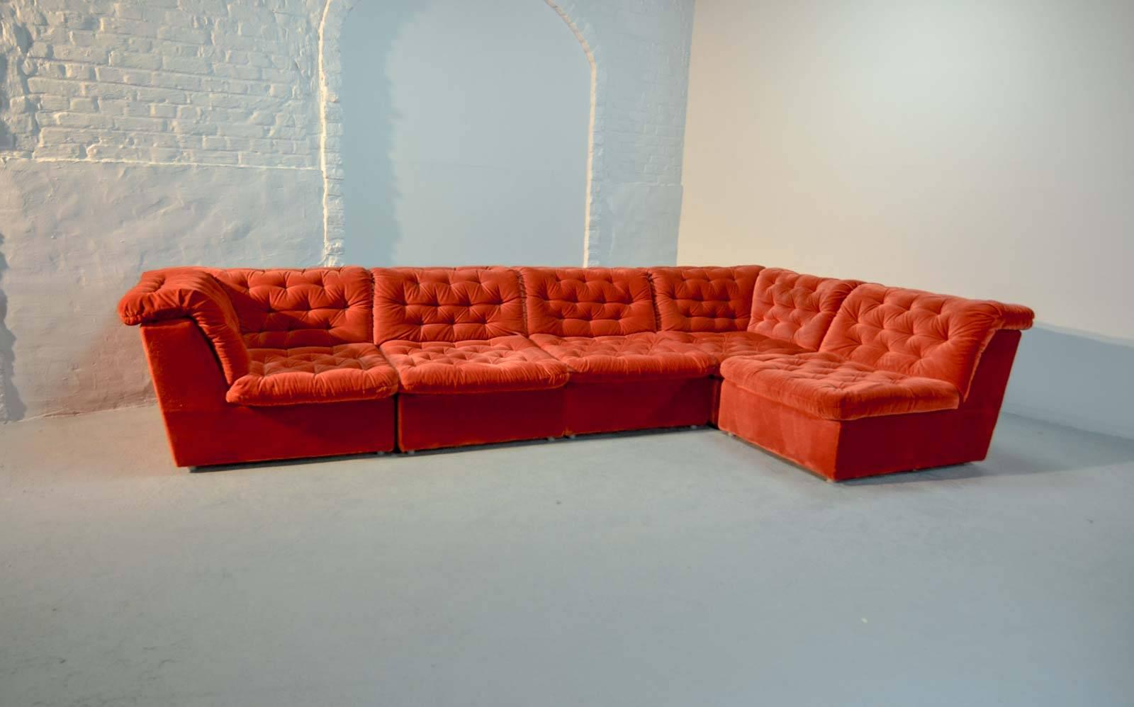 Mid-Century Bright Vermilion Red Velvet 1970s Modular Sofa by Laauser In Good Condition In Maastricht, NL
