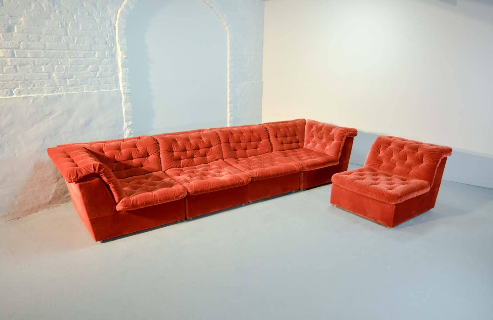 Late 20th Century Mid-Century Bright Vermilion Red Velvet 1970s Modular Sofa by Laauser