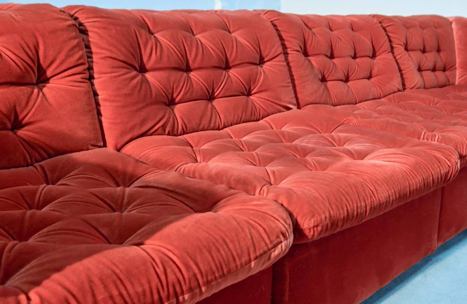 Mid-Century Bright Vermilion Red Velvet 1970s Modular Sofa by Laauser 1