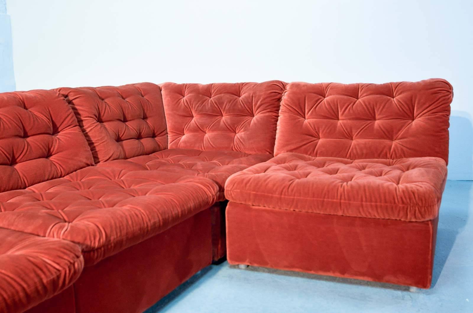 Mid-Century Bright Vermilion Red Velvet 1970s Modular Sofa by Laauser 2