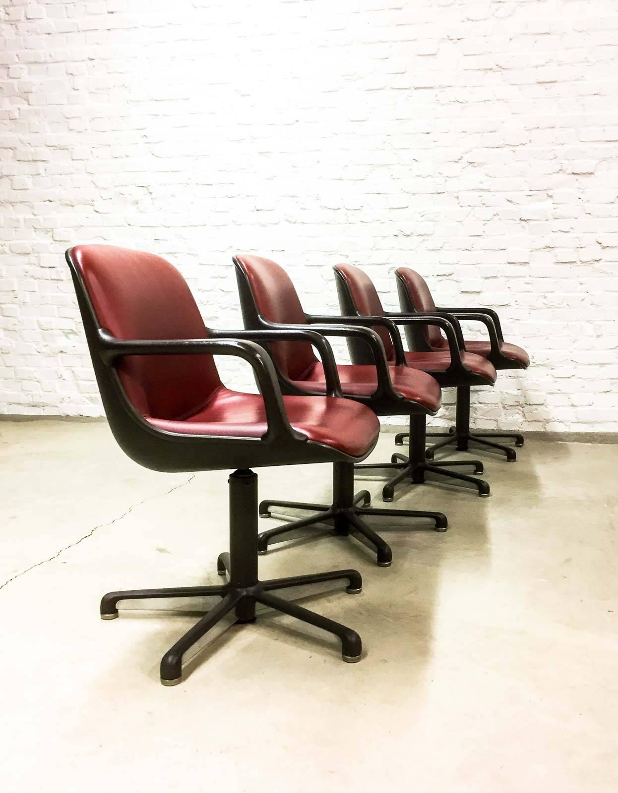 Mid-Century Modern Set of Eight Midcentury Burgundy Red Leather Executive Chairs by Comforto