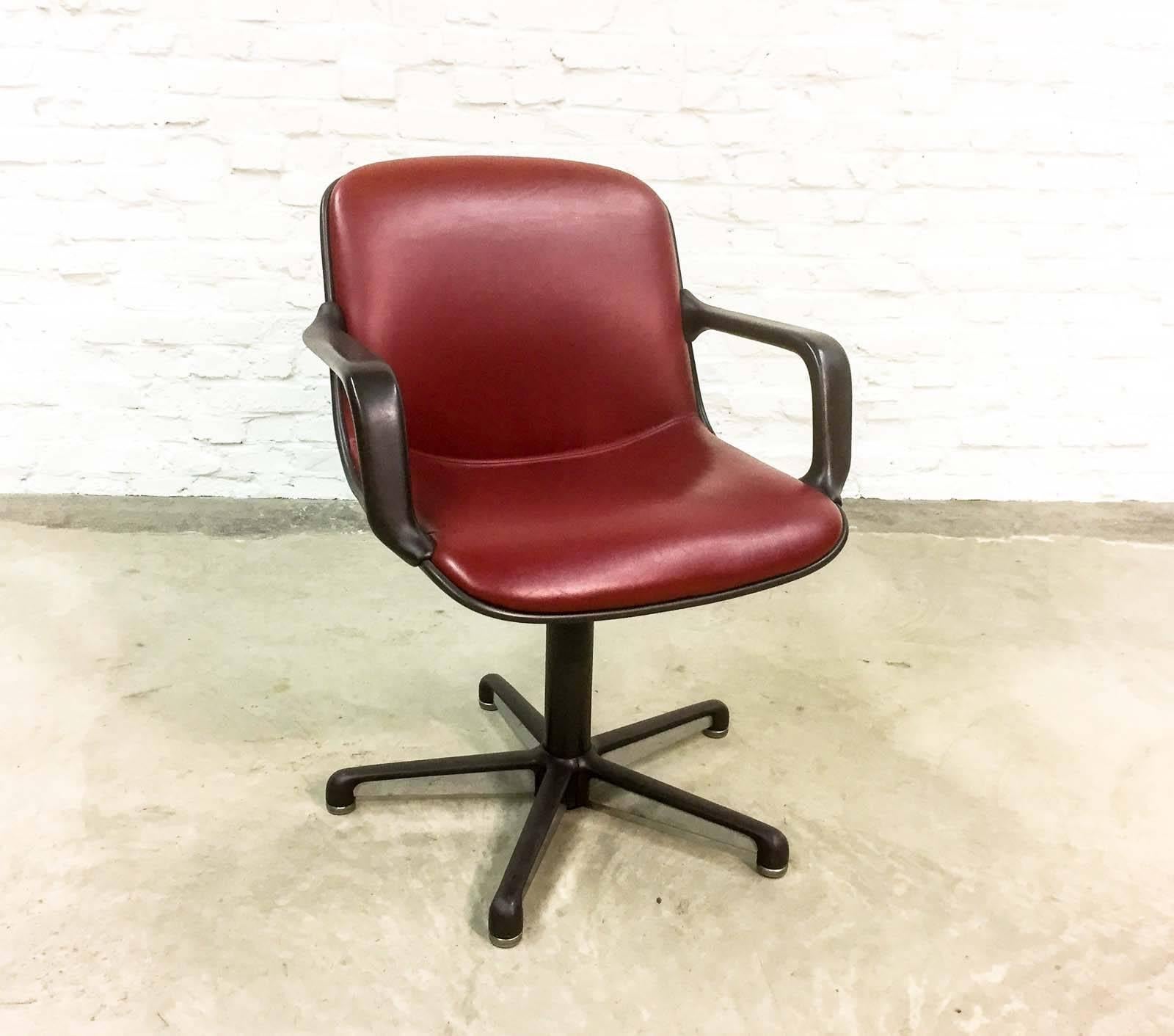 Stainless Steel Set of Eight Midcentury Burgundy Red Leather Executive Chairs by Comforto