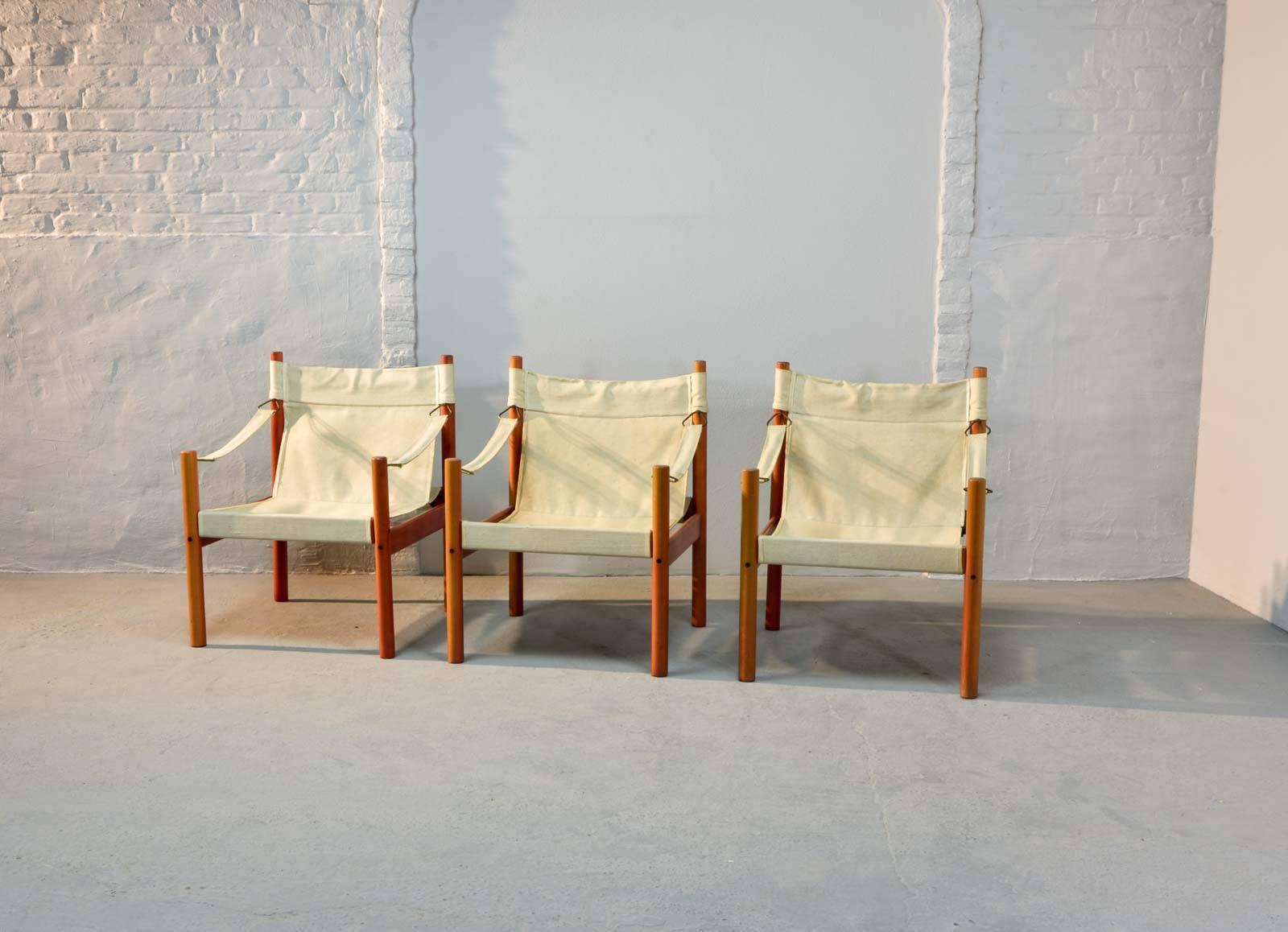 Set of Three Scandinavian Canvas Safari Chairs in Style of Erik Worts, 1960s In Good Condition In Maastricht, NL