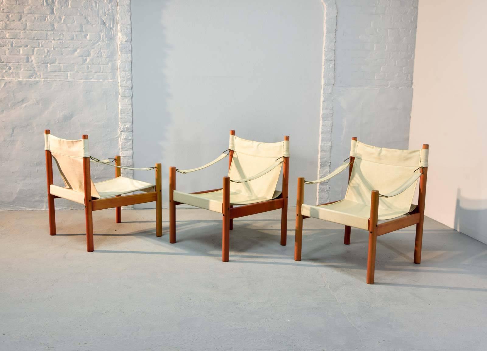 Mid-20th Century Set of Three Scandinavian Canvas Safari Chairs in Style of Erik Worts, 1960s