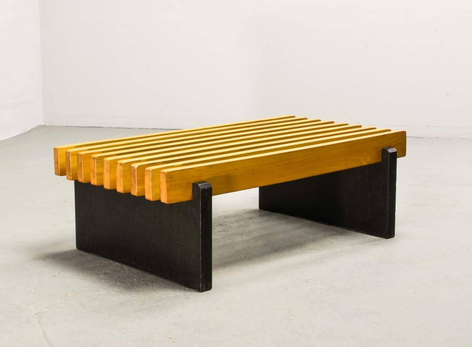 Rarely seen beech wooden slat bench Dutch design in style of Spectrum, manufactured in the 1960s. It fits perfectly as a side bench in a minimalistic natural oriented interior. This solid bench is in good condition with light wear consistent its age