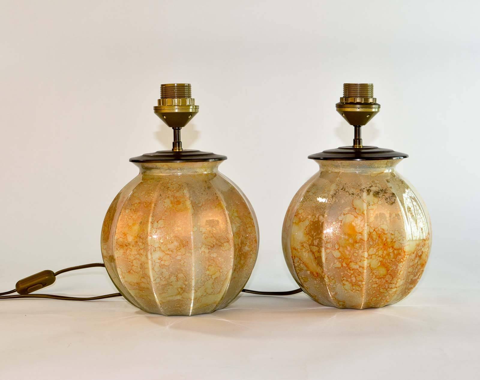 Brass Stunning Pair of French Handmade Glass Laque Line Table Lamps, 1970s