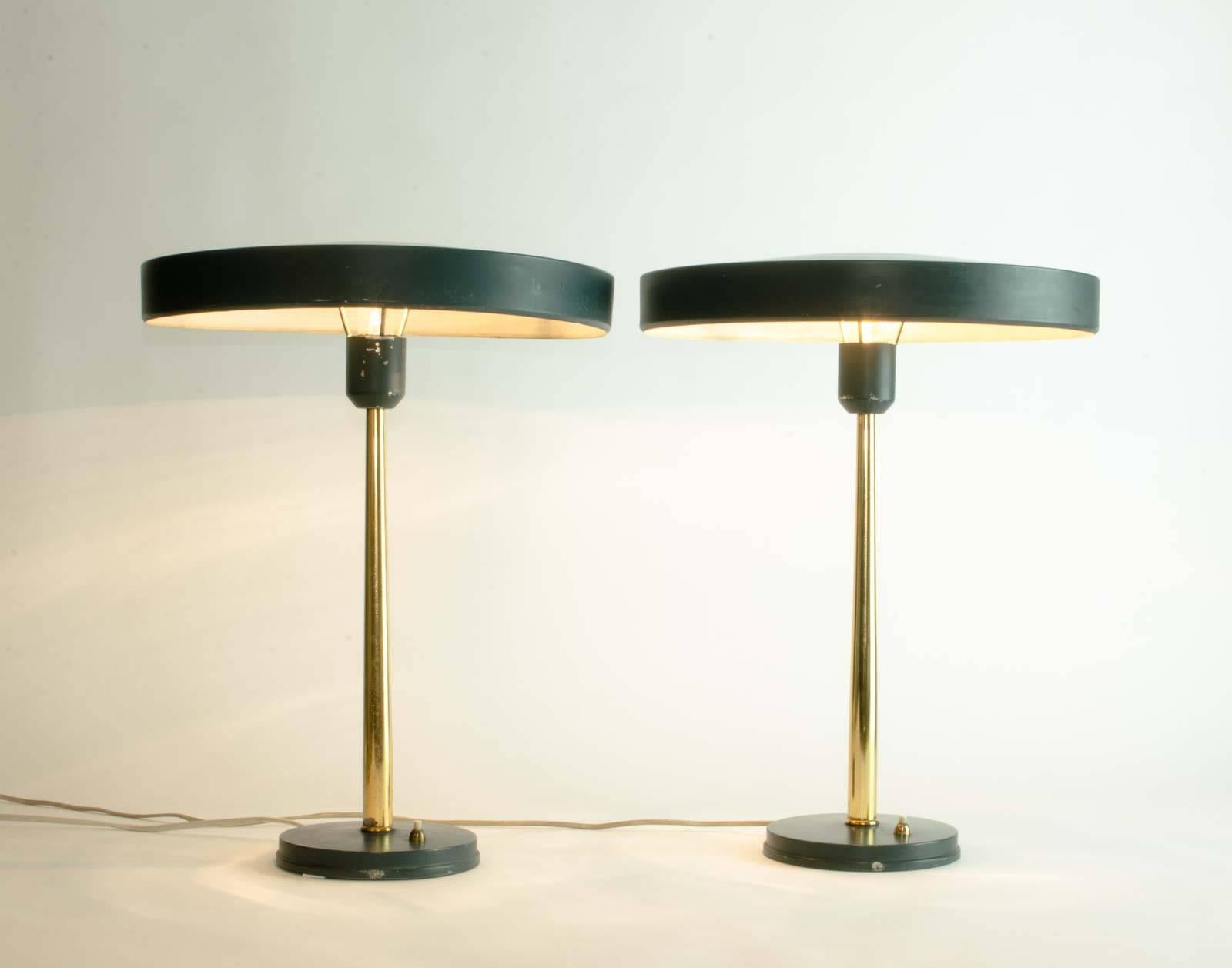 Mid-Century Modern Pair of Timor 69 Table Lamps in Dark Green and Brass by Louis Kalff for Philips