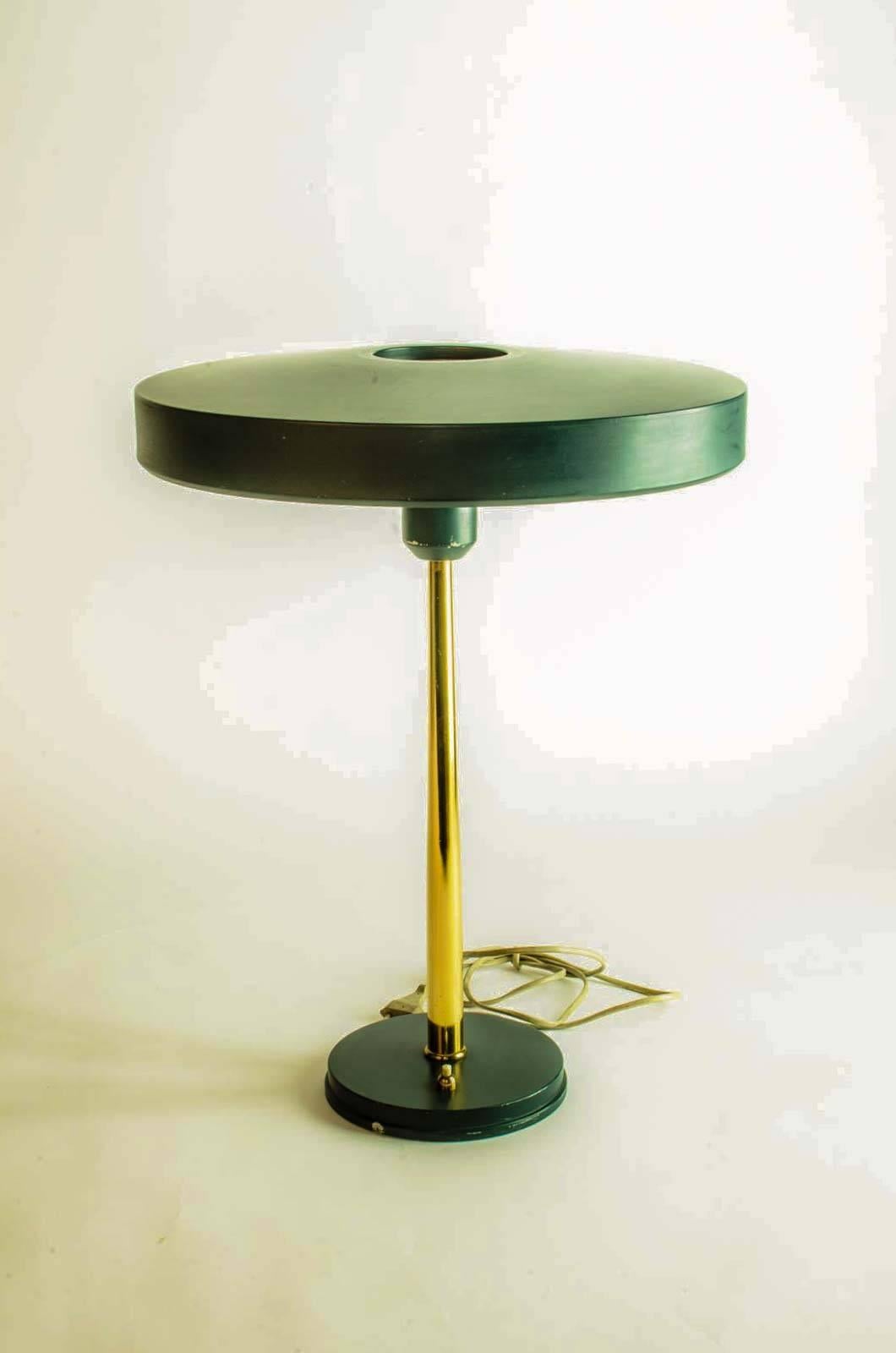 Mid-20th Century Pair of Timor 69 Table Lamps in Dark Green and Brass by Louis Kalff for Philips