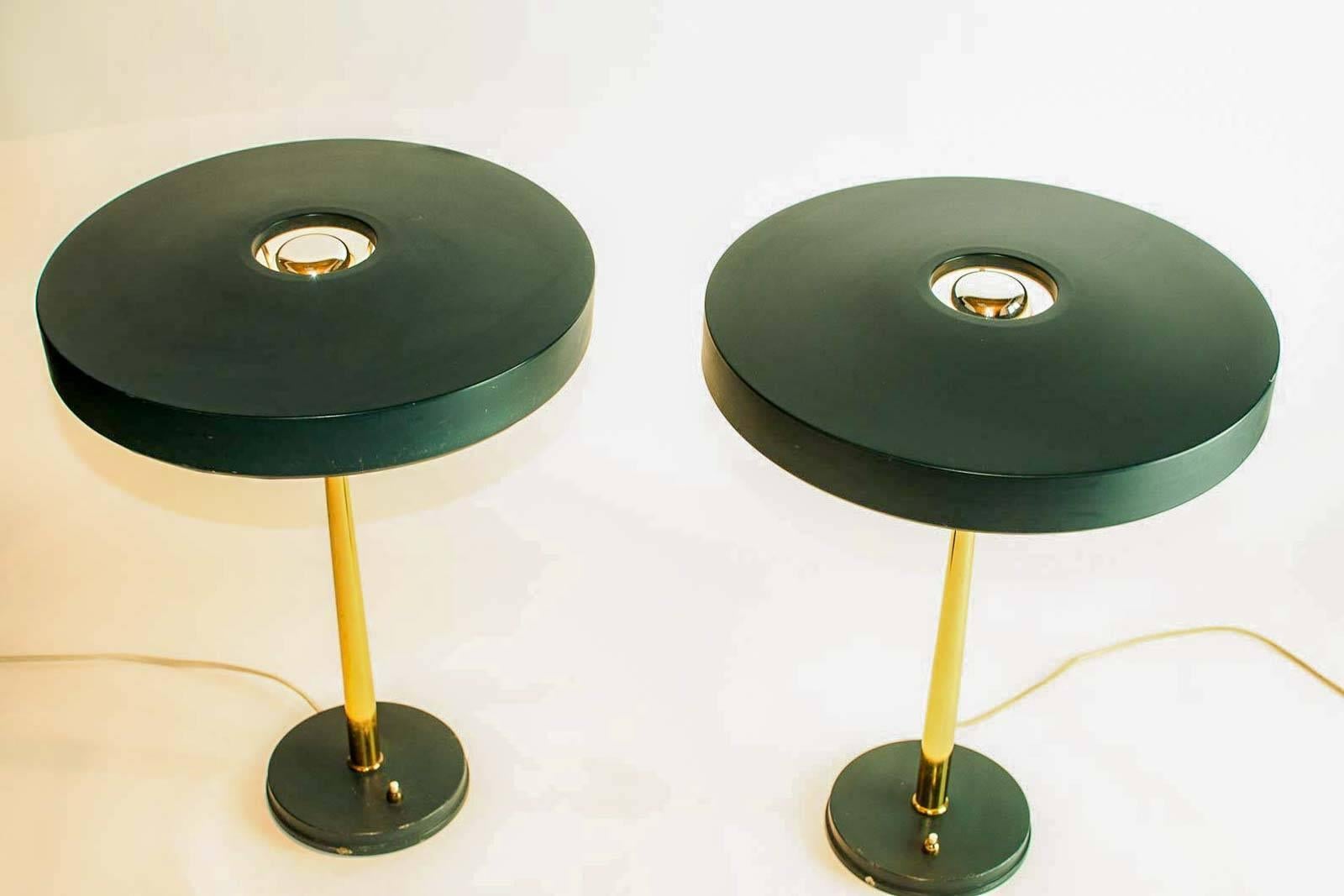 Dutch Pair of Timor 69 Table Lamps in Dark Green and Brass by Louis Kalff for Philips