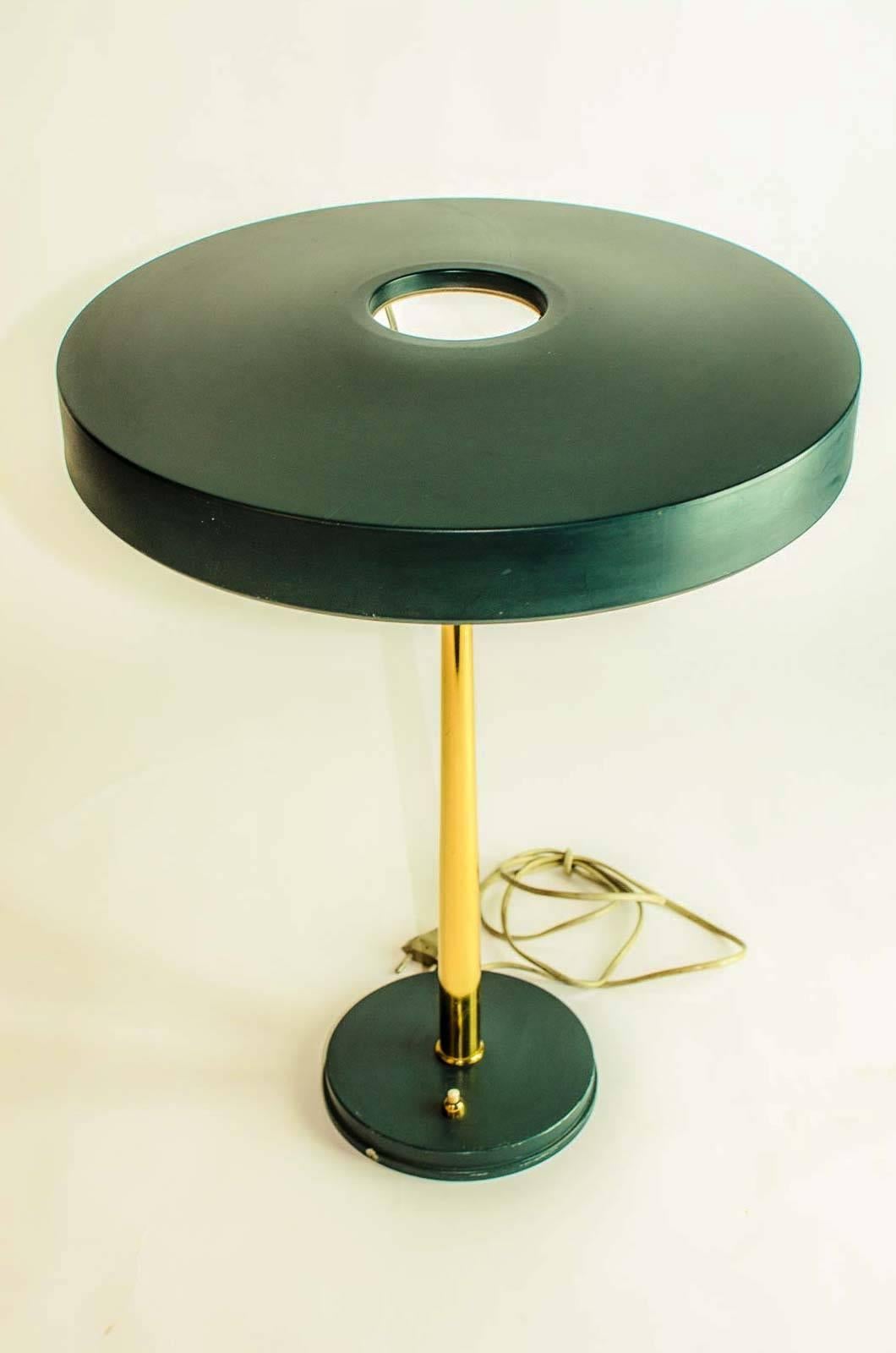 Aluminum Pair of Timor 69 Table Lamps in Dark Green and Brass by Louis Kalff for Philips