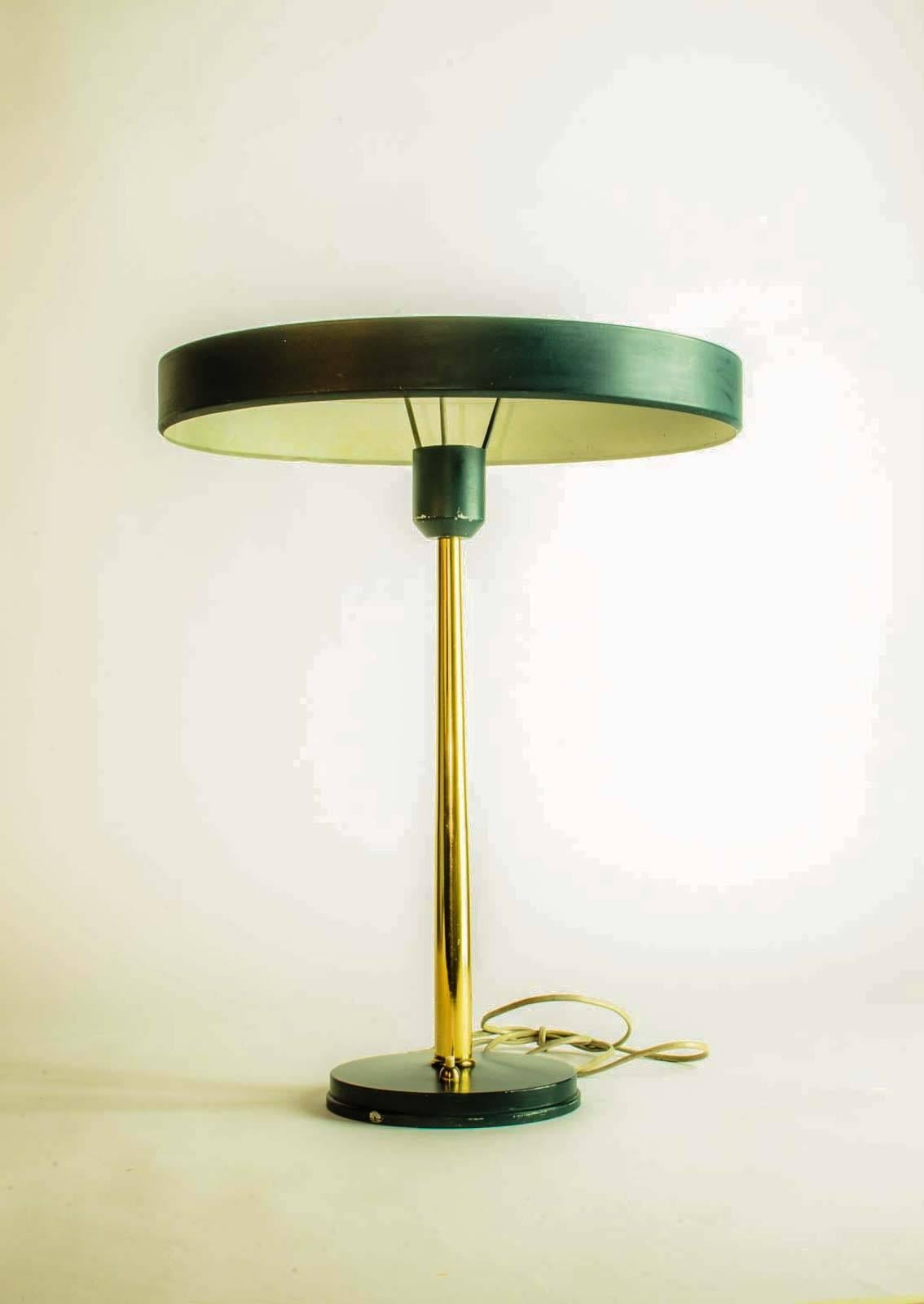 Pair of Timor 69 Table Lamps in Dark Green and Brass by Louis Kalff for Philips In Fair Condition In Maastricht, NL