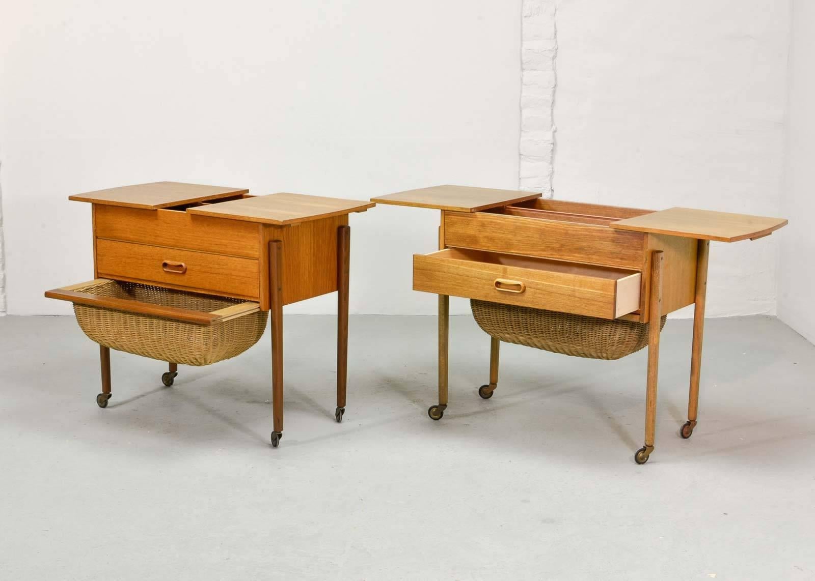 Mid-Century Modern Great Pair of Solid Teak Danish Sewing Tables in Style of Hans Wegner, 1960s