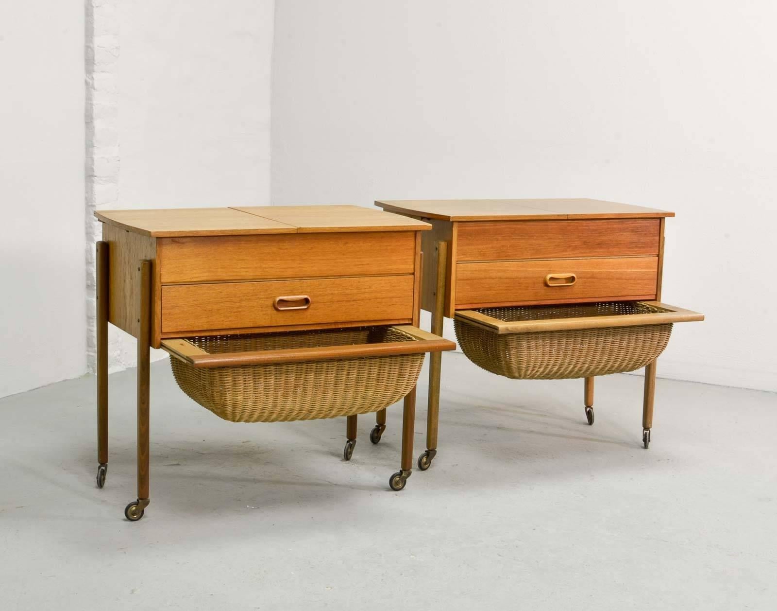 Hand-Woven Great Pair of Solid Teak Danish Sewing Tables in Style of Hans Wegner, 1960s