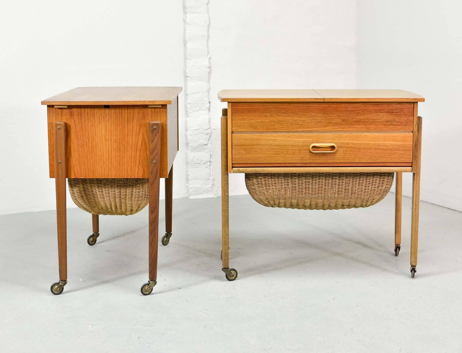 Cane Great Pair of Solid Teak Danish Sewing Tables in Style of Hans Wegner, 1960s