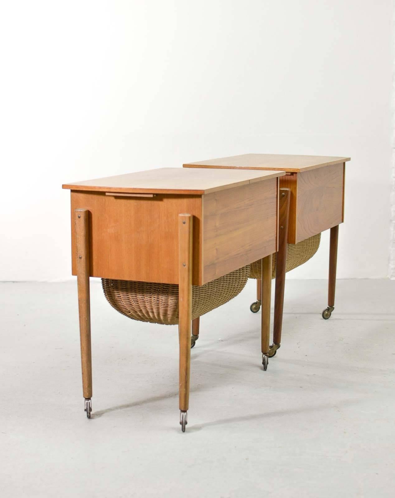 Great Pair of Solid Teak Danish Sewing Tables in Style of Hans Wegner, 1960s 2