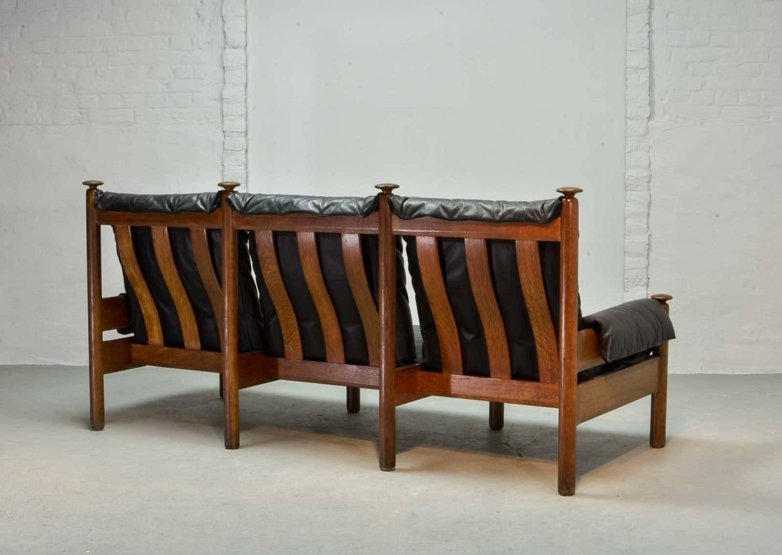Mid-Century Modern Sturdy Midcentury Black Leather Scandinavian Three-Seat Sofa, 1960s 