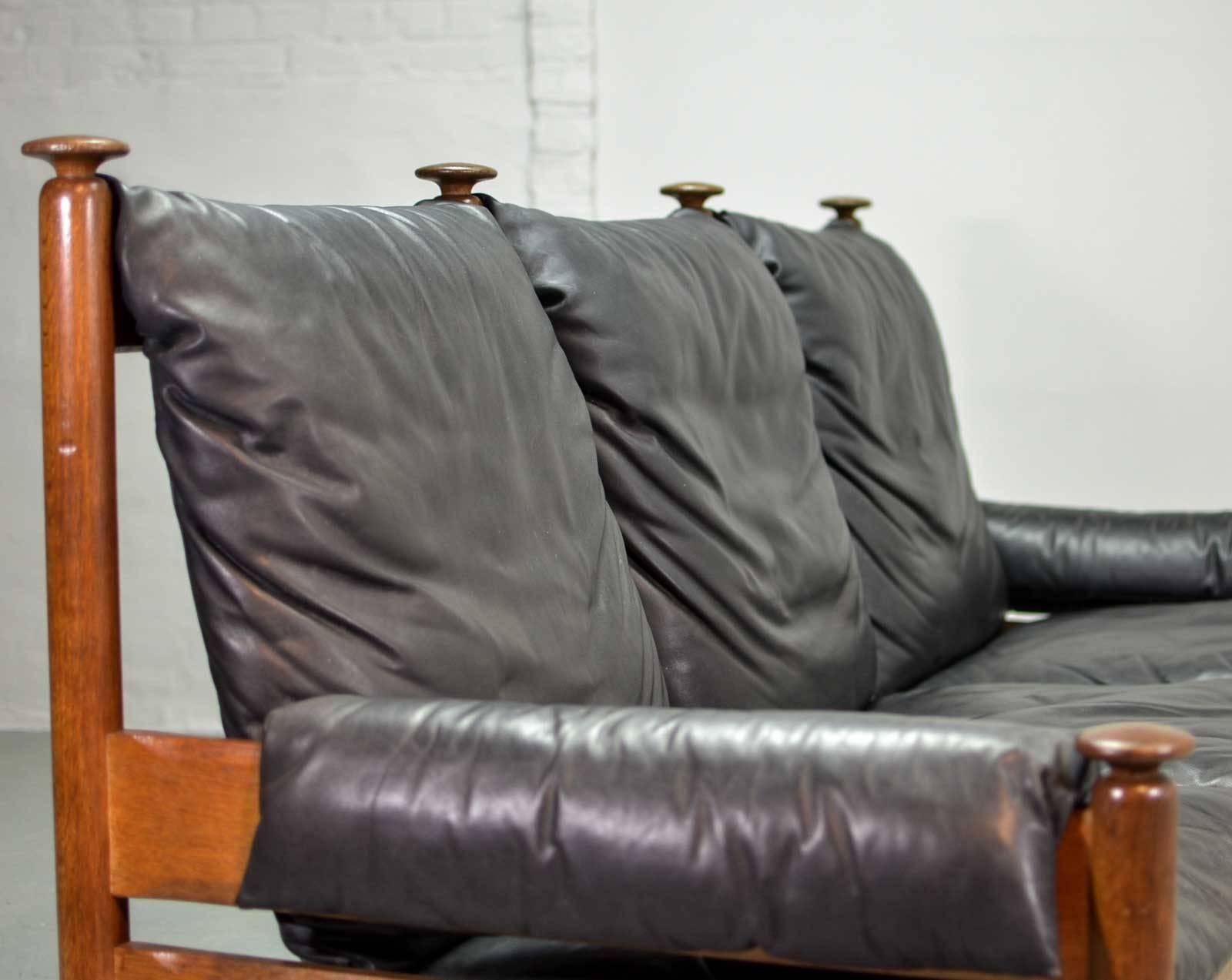 Sturdy Midcentury Black Leather Scandinavian Three-Seat Sofa, 1960s  1