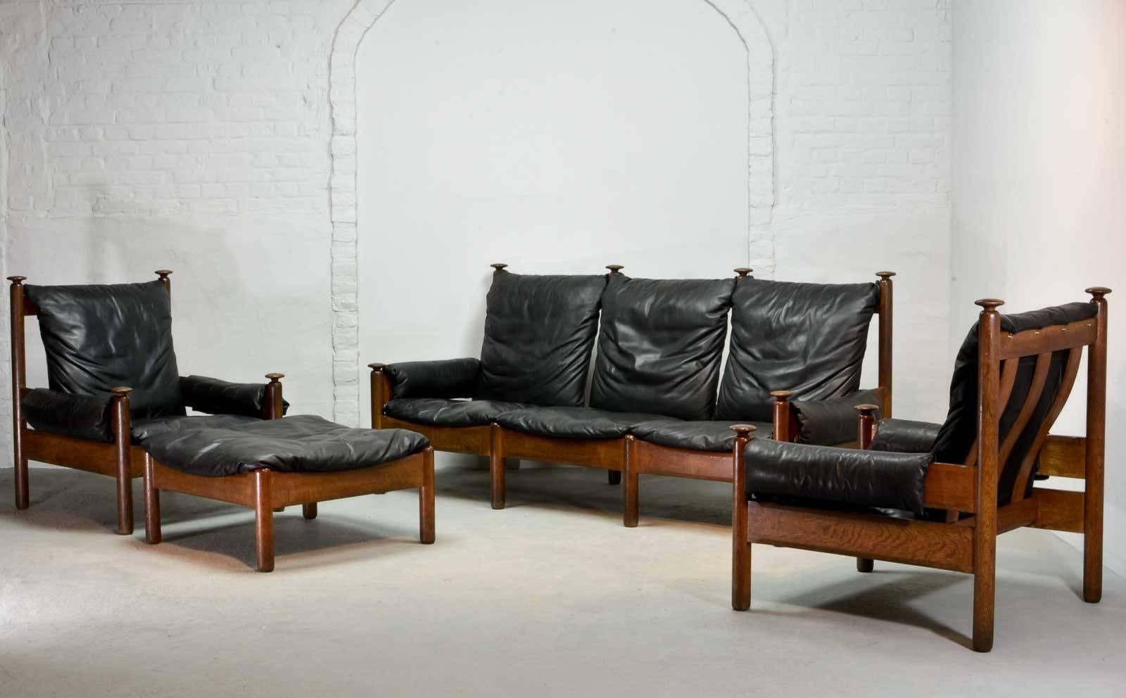 Mid-Century Modern Sturdy Midcentury Scandinavian Black Leather Sofa Set, 1960s